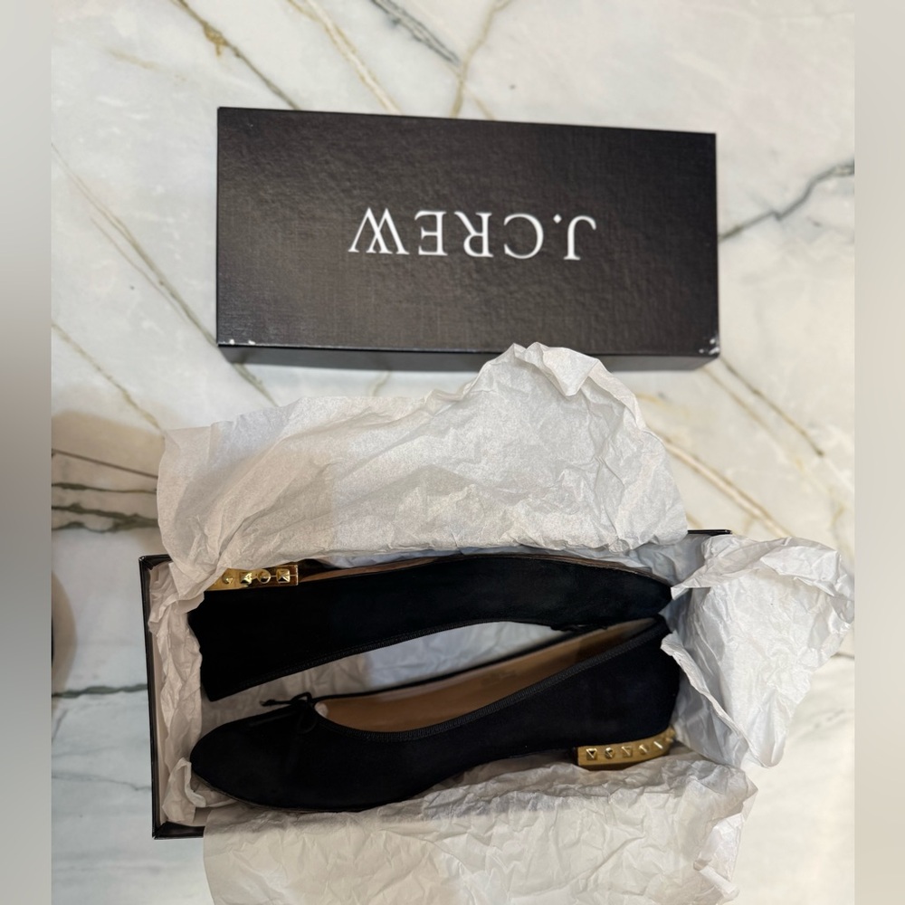 J. Crew Black Suede Ballet Flats with Gold Studded Heel.Size 9 1/2 Made in italy - Picture 13 of 16